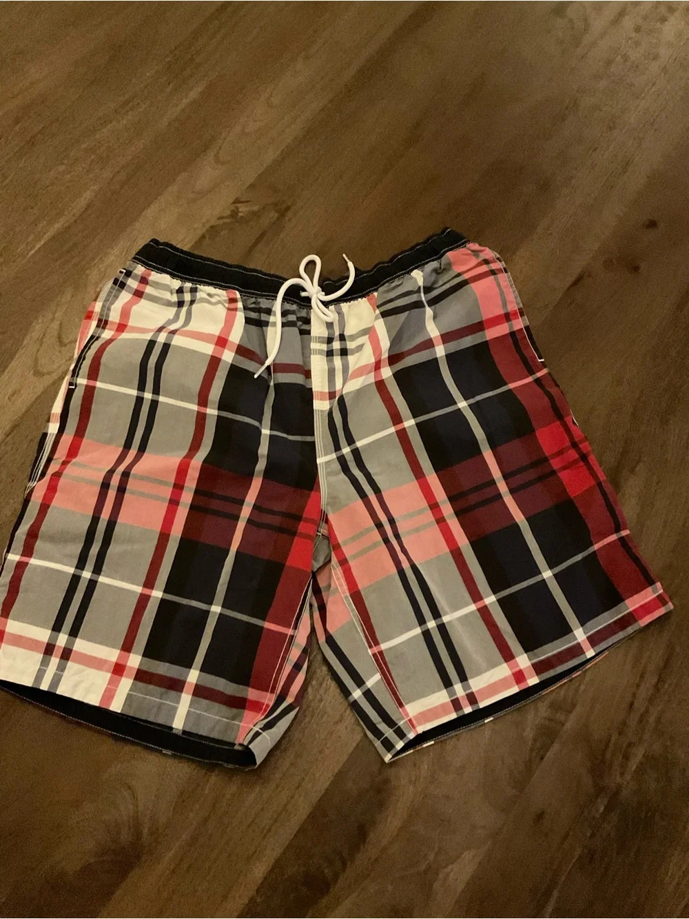 Tommy Hilfiger Red, Black and White Plaid Swim Trunks